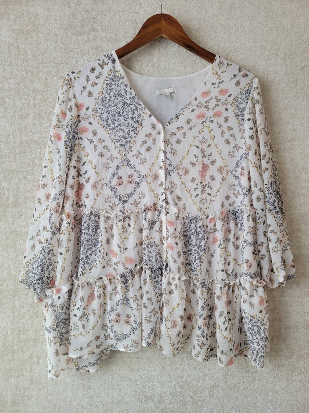 Cato Patchwork Chiffon Peplum Floral Print Blouse Sz 14/16W Womens Off White Pin